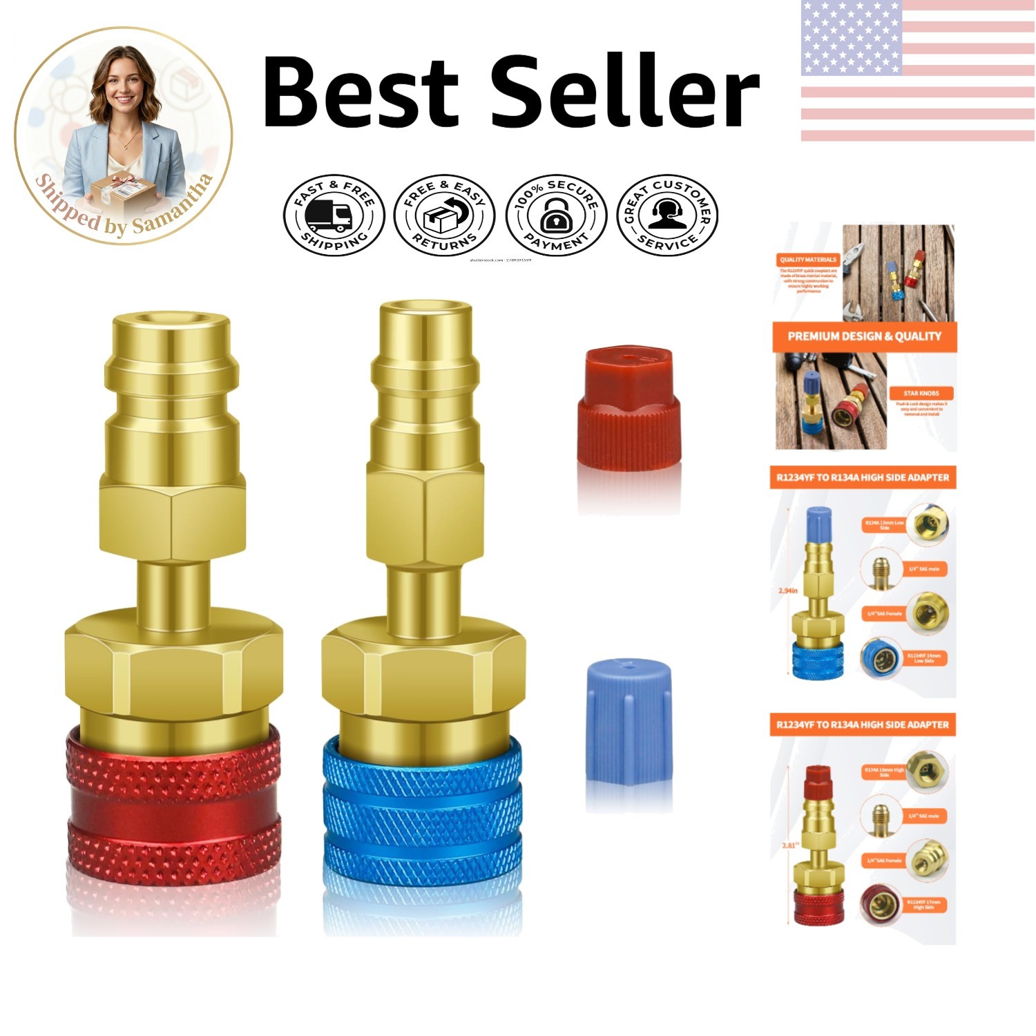 Brass R1234YF to R134A Quick Coupler Set - Leak-Free AC Charging Kit