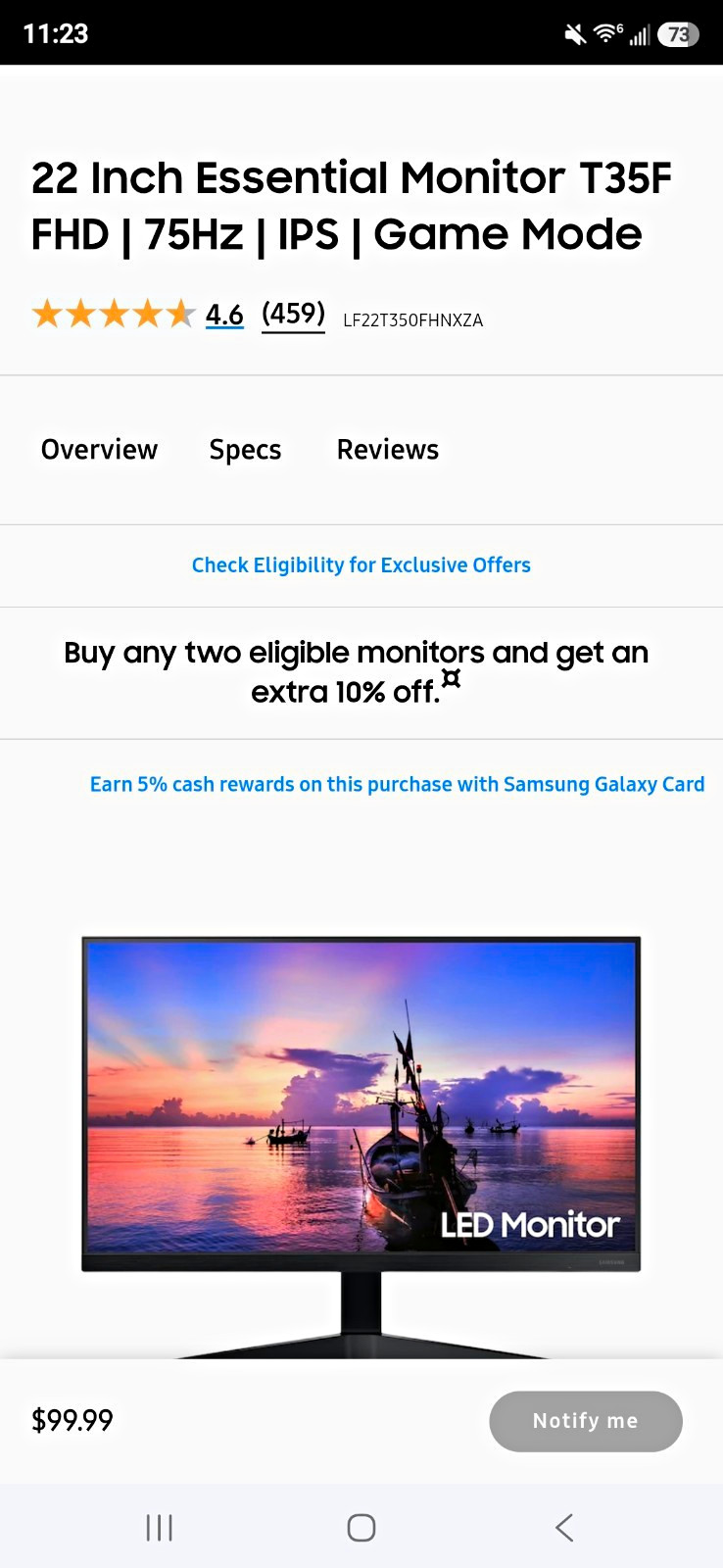 Samsung Essential T35F 22" IPS FHD 75Hz HDMI FreeSync Borderless F22T350FHN