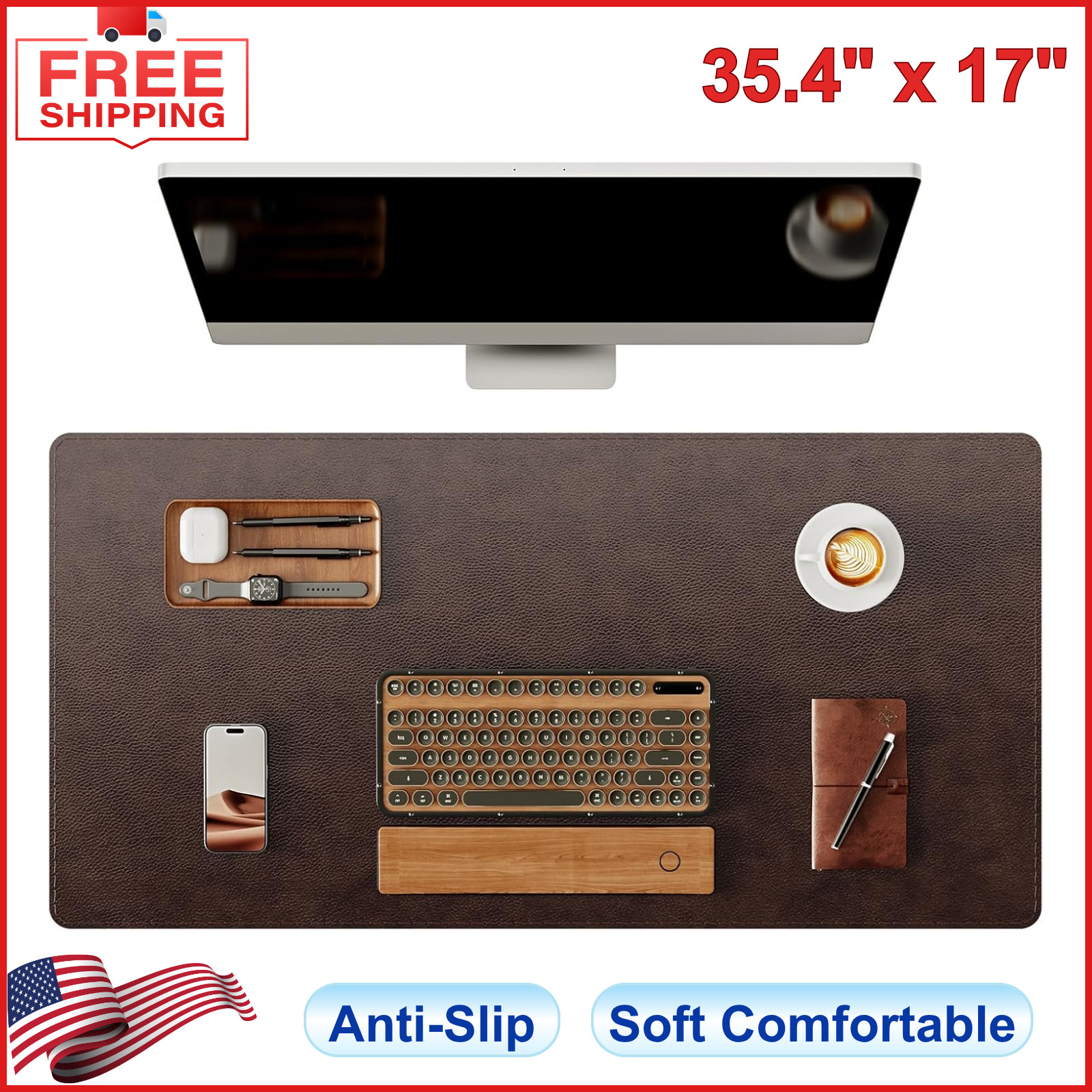 Genuine Leather Desk Mat, 35.4"x17" Office Desk Pad, Thick Premium Table Pad
