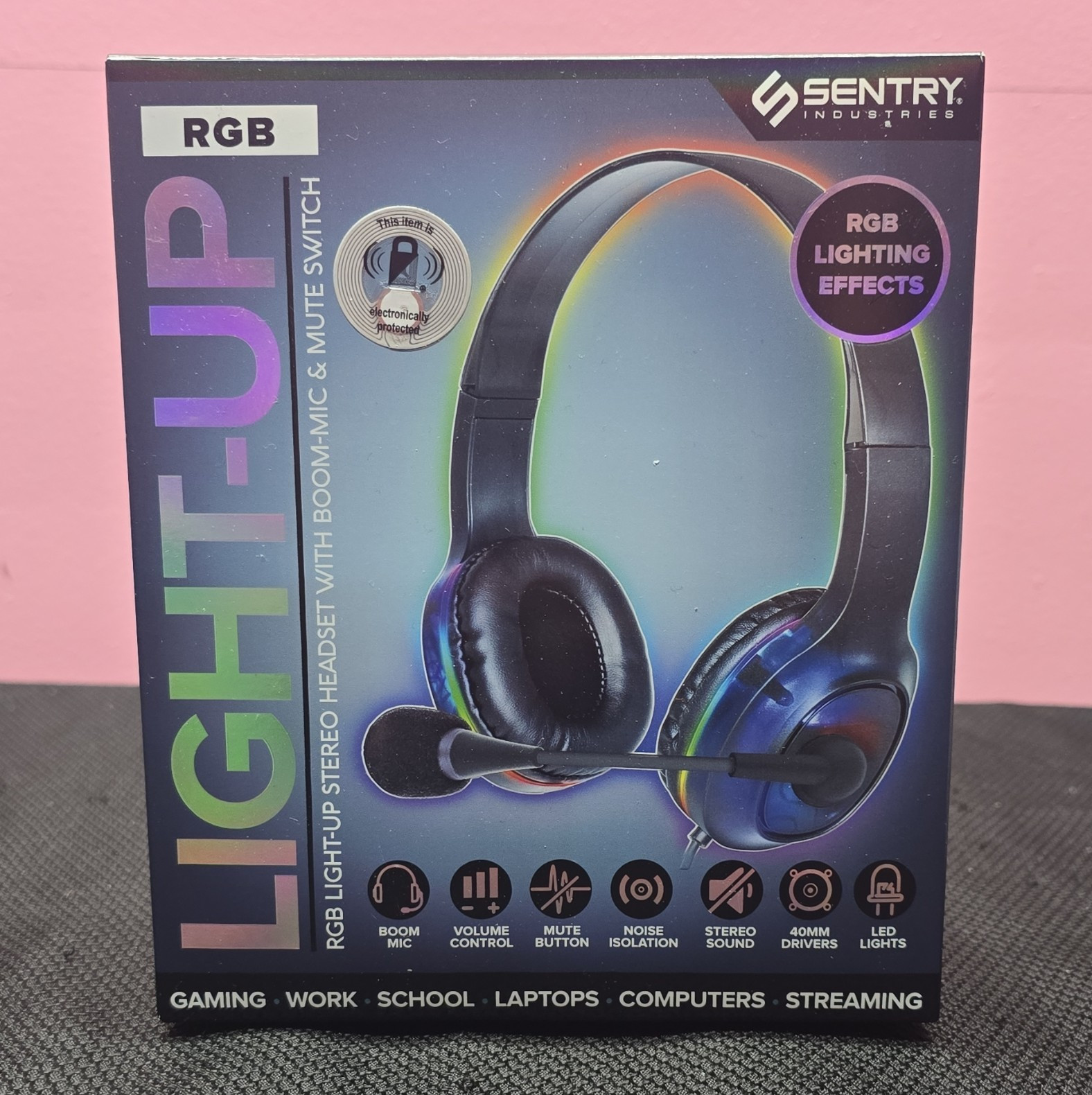 Sentry Industries Light-Up RGB LED Stereo Headset Boom Mic Mute/Volume 3.5mm+USB