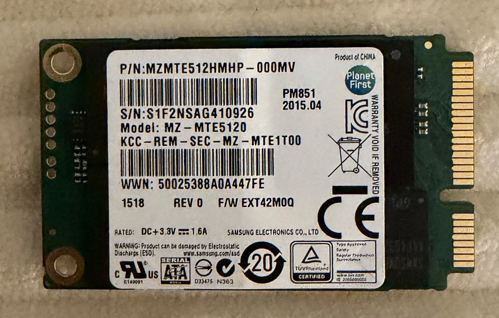Samsung PM851 Model MZ-MTE5120 | 50mm | SATA 3 | 512GB | mSATA SSD | 100% Health