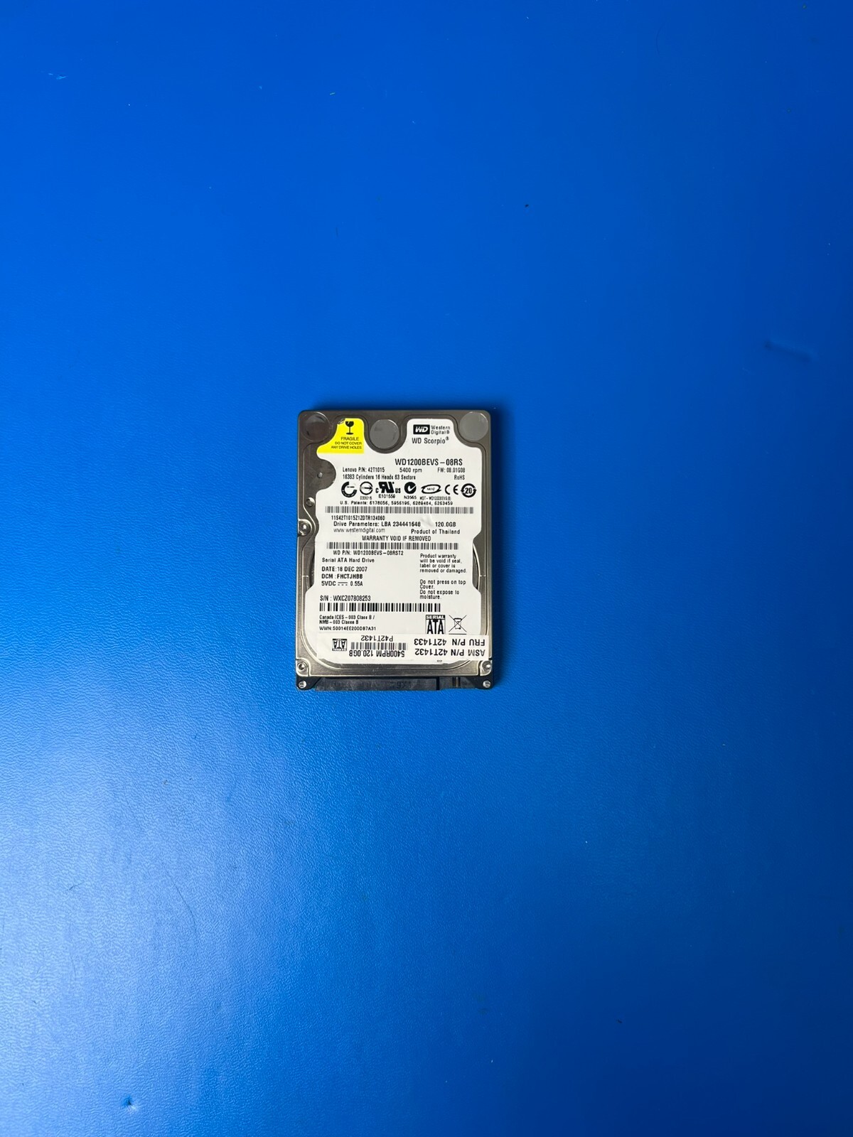 Western Digital WD Scorpio Serial ATA HDD 120GB 5400RPM 5v .55a WD1200BEVS-08RS