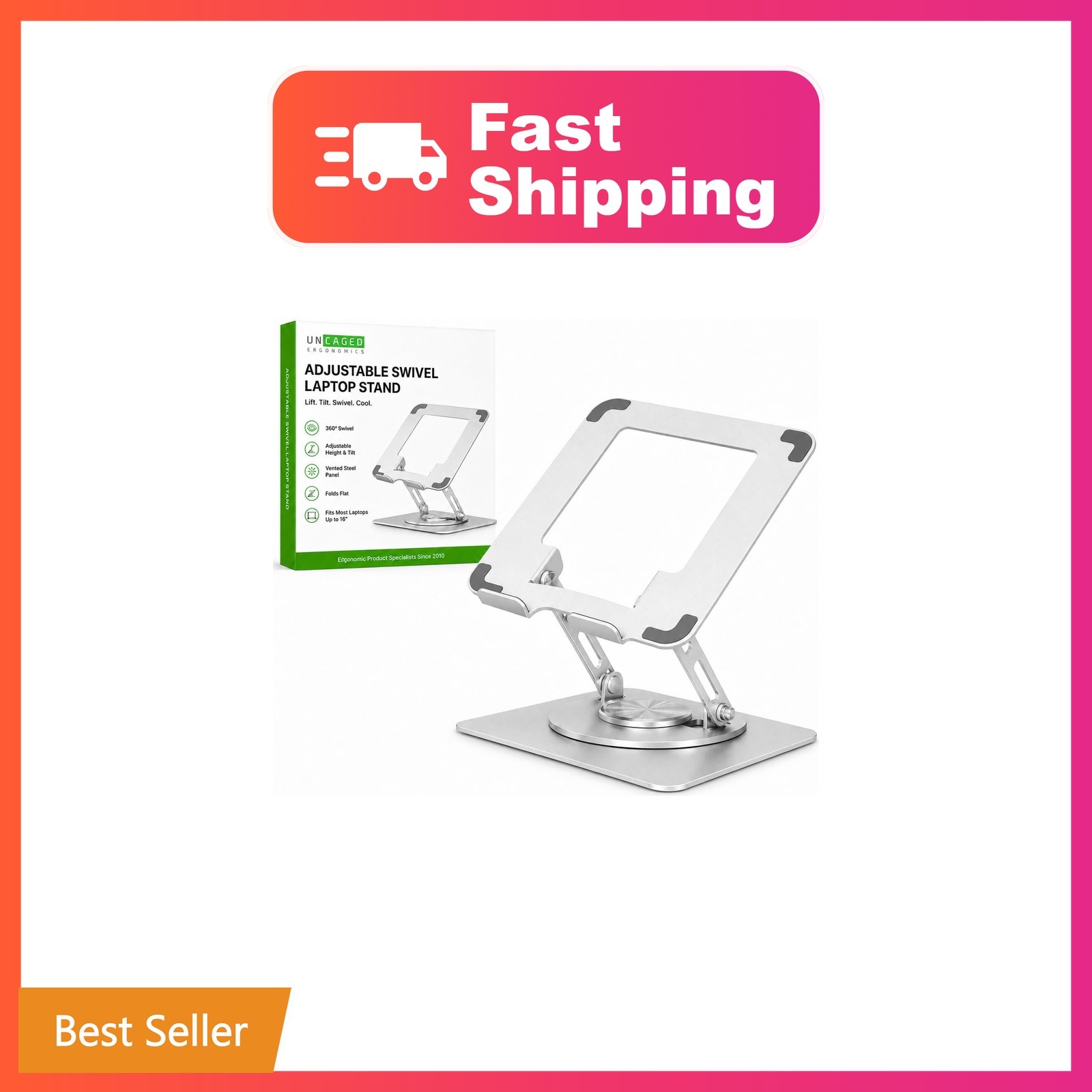 Uncaged Ergonomics Swivel Laptop Stand for Desk, 360 Riser, Arctic Silver | H...