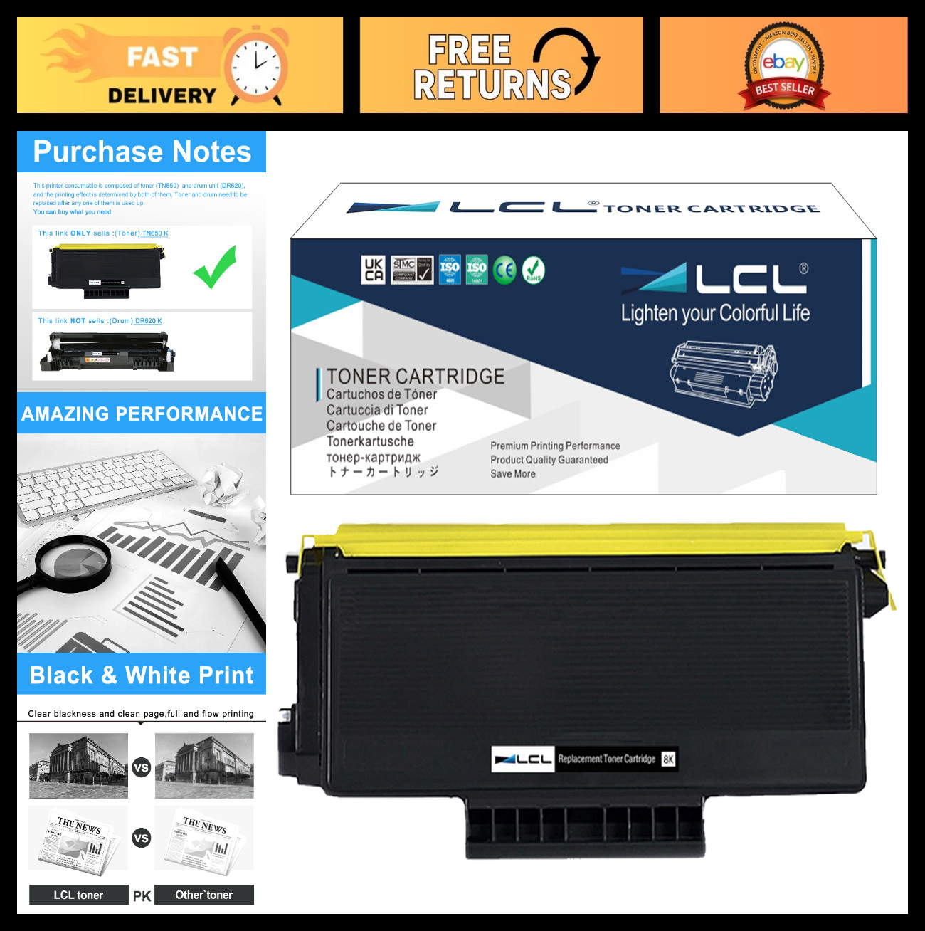 High-Yield Black Toner Cartridge Replacement for Brother TN620 TN550 TN650 TN580