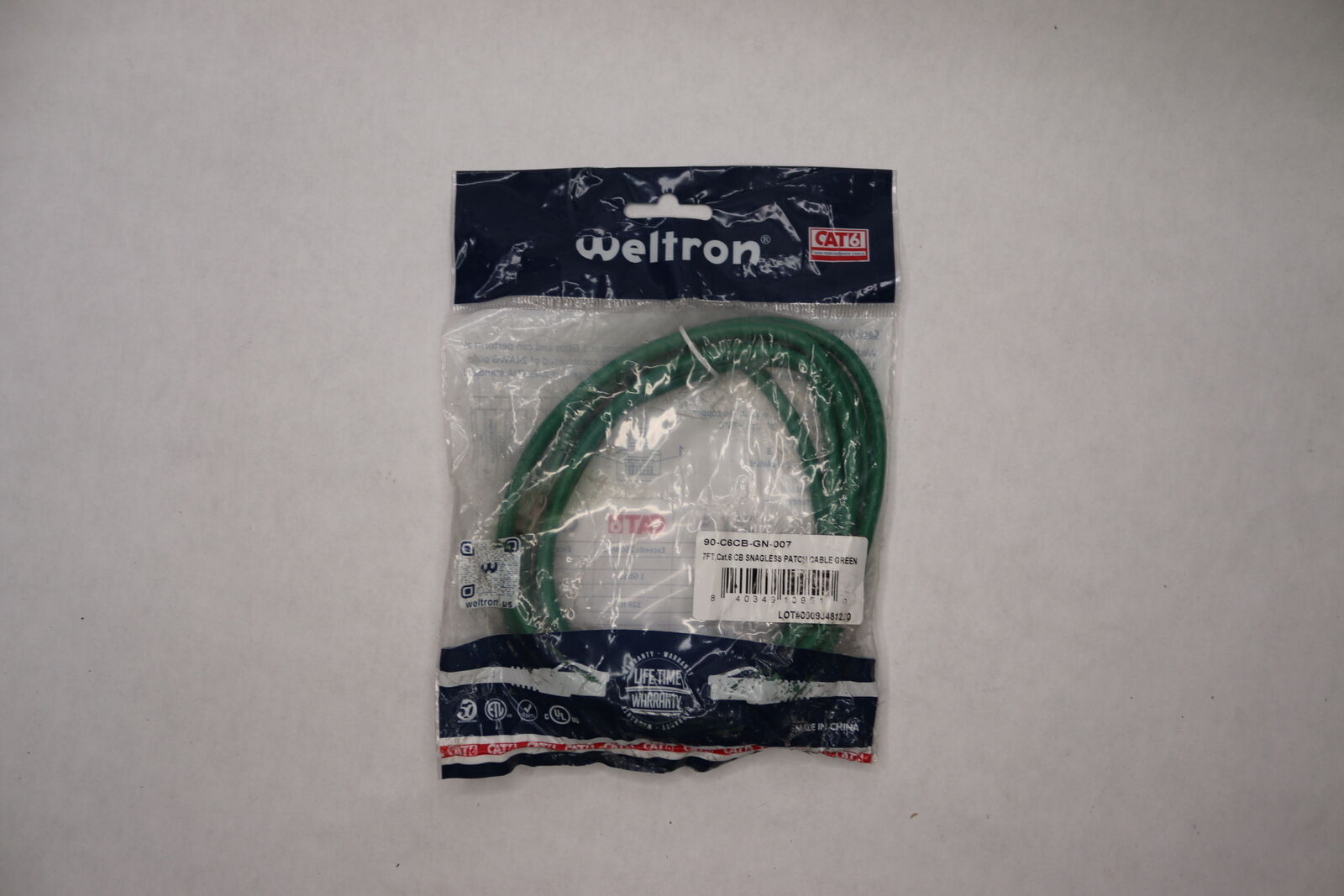 Weltron Cat6 Clear Easy Tab Patch Cable Green 7' 90-C6CB-GN-007