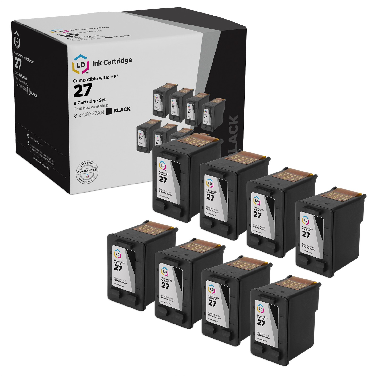 LD Reman Replacement fits with HP 27/C8727AN 8pk Cartridges+FREE Photo Paper