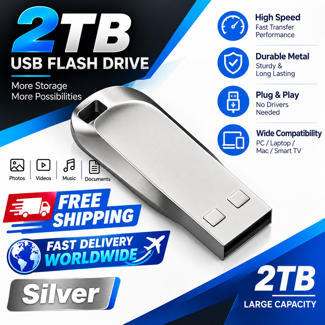 2TB USB 3.0 Metal Flash Drives Super High Speed USB Stick For Car PC Laptop