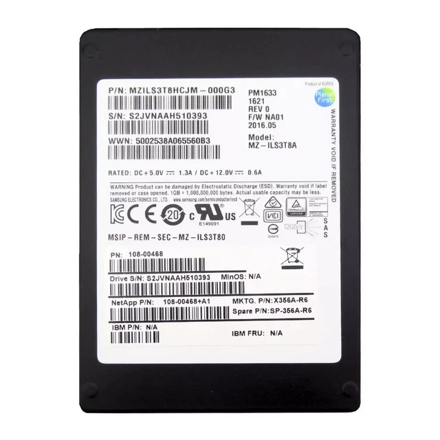 Samsung 3.84TB PM1633/X356A-R6 SAS 12G 108-0046 w/ NetApp cradle 89-100% Health