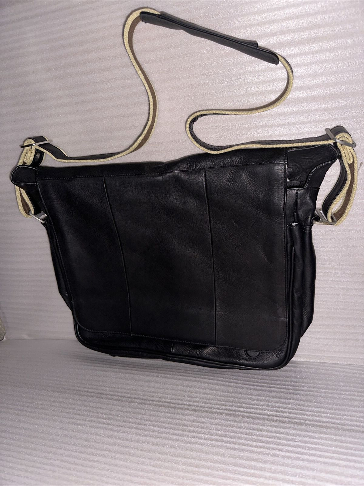 PIEL Black Leather  Messenger Shoulder Bag with brown / black striped strap