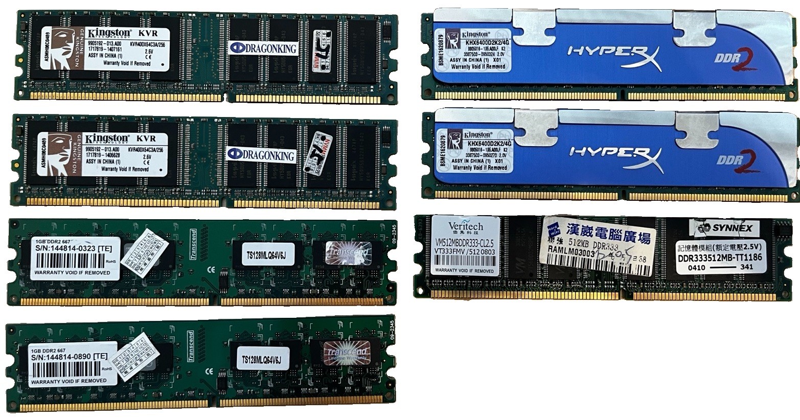 [Lot of 7 Vintage Desktop RAM] Kingston HyperX DDR2 + Transcend DDR2 and DDR1