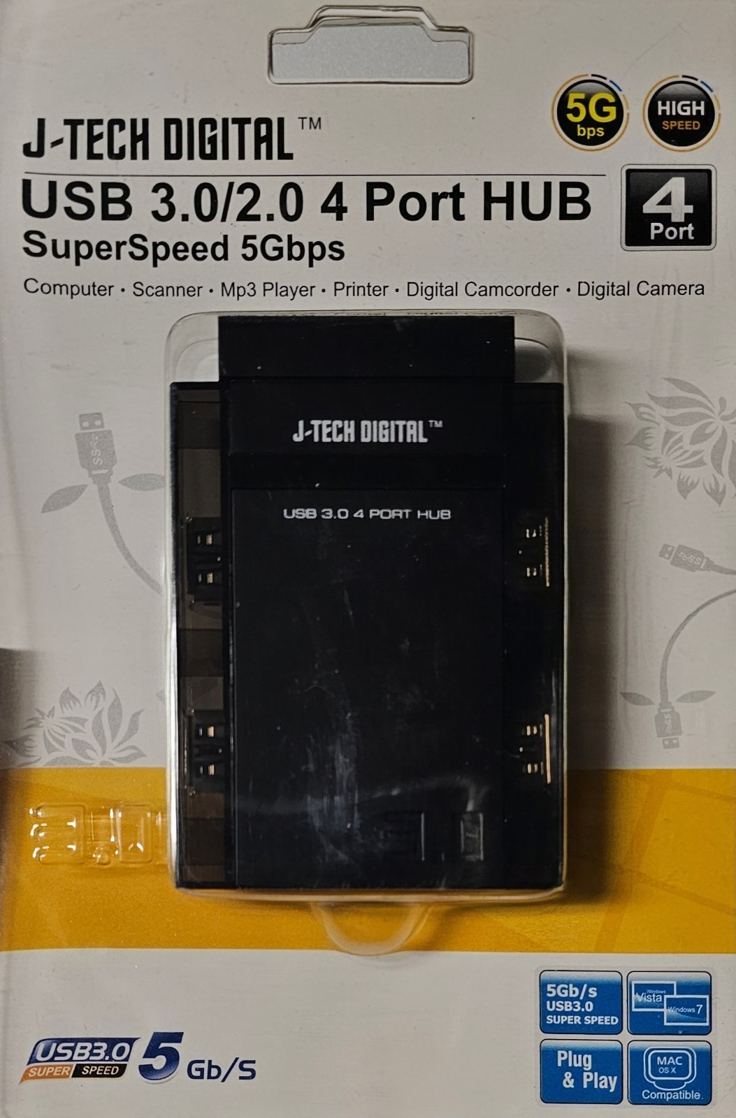 J-Tech Digital USB 3.0 4-Port With 5GHZ Super Speed Hub With Power Adapter Compl