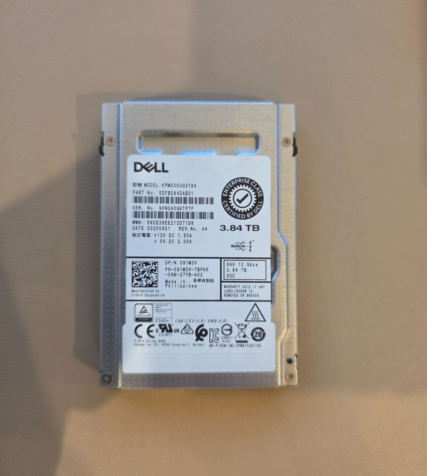 Dell 091W3V Toshiba KPM5XVUG3T84 3.84TB SAS 12Gbps SSD 92-93% Health