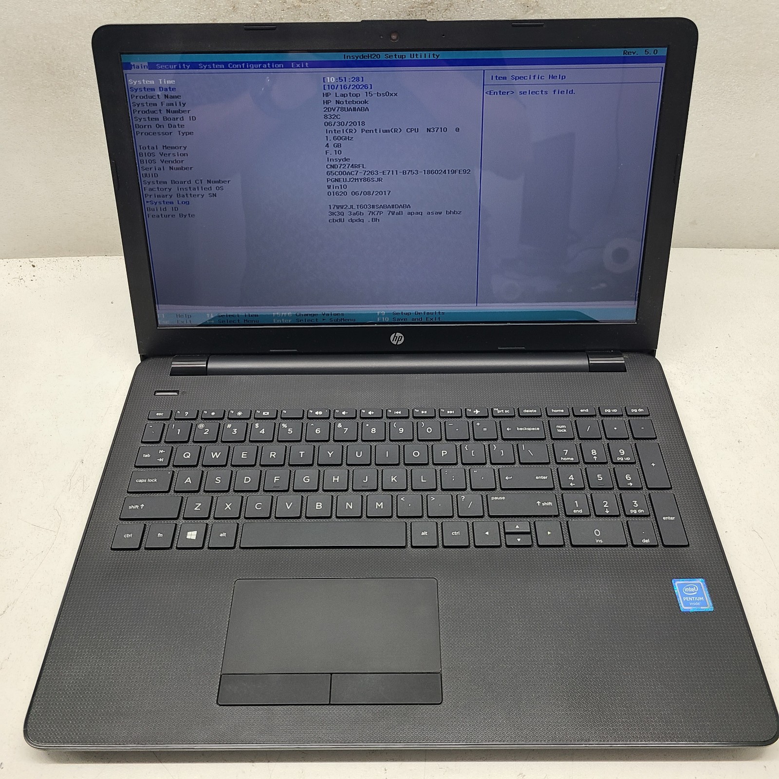 HP Laptop 15-bs020wm 15.6" Intel Pentium N3710 4GB Ram NO HD/OS (FL)