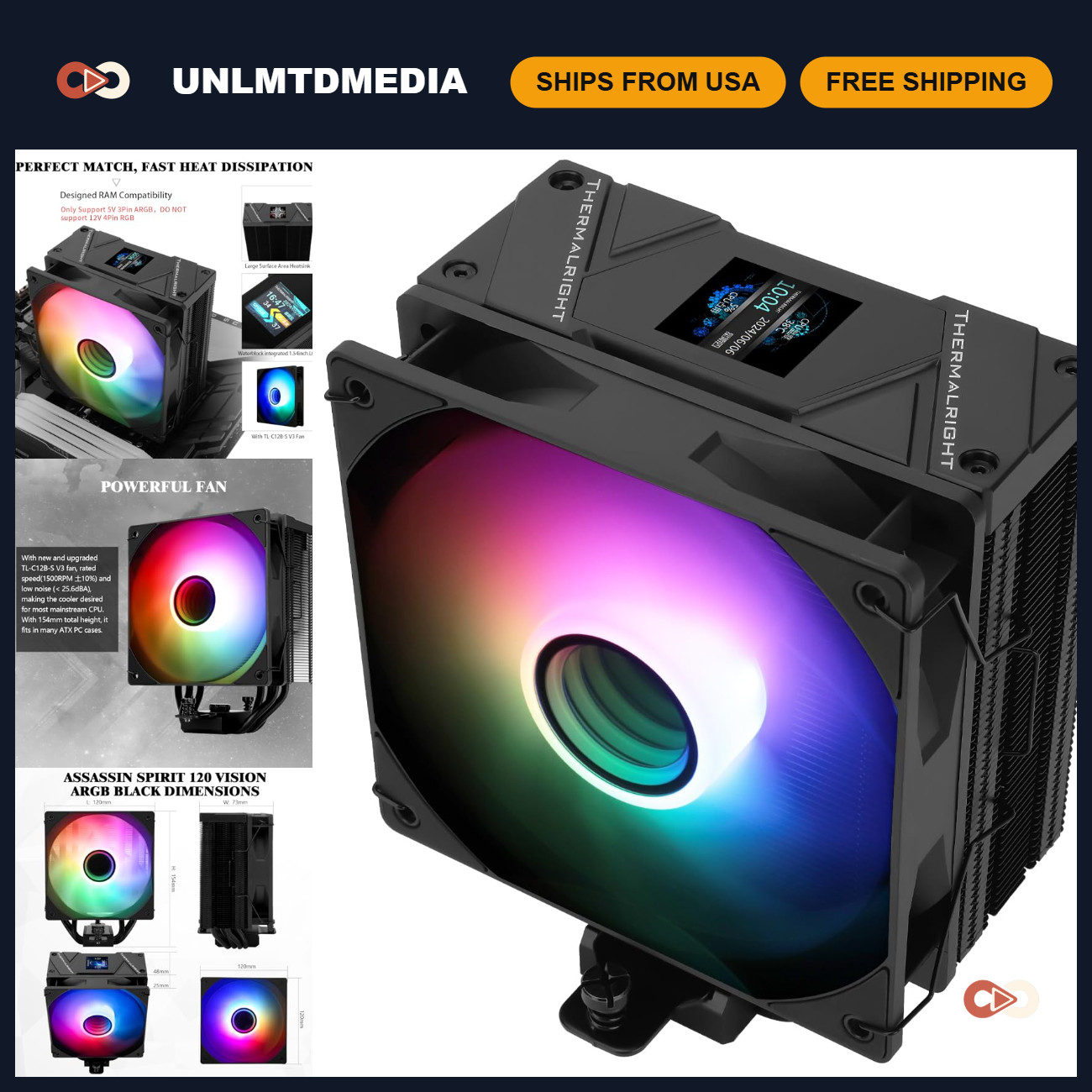 High-Performance ARGB CPU Air Cooler, 1500RPM, IPS LCD Screen, Intel & AMD Compa