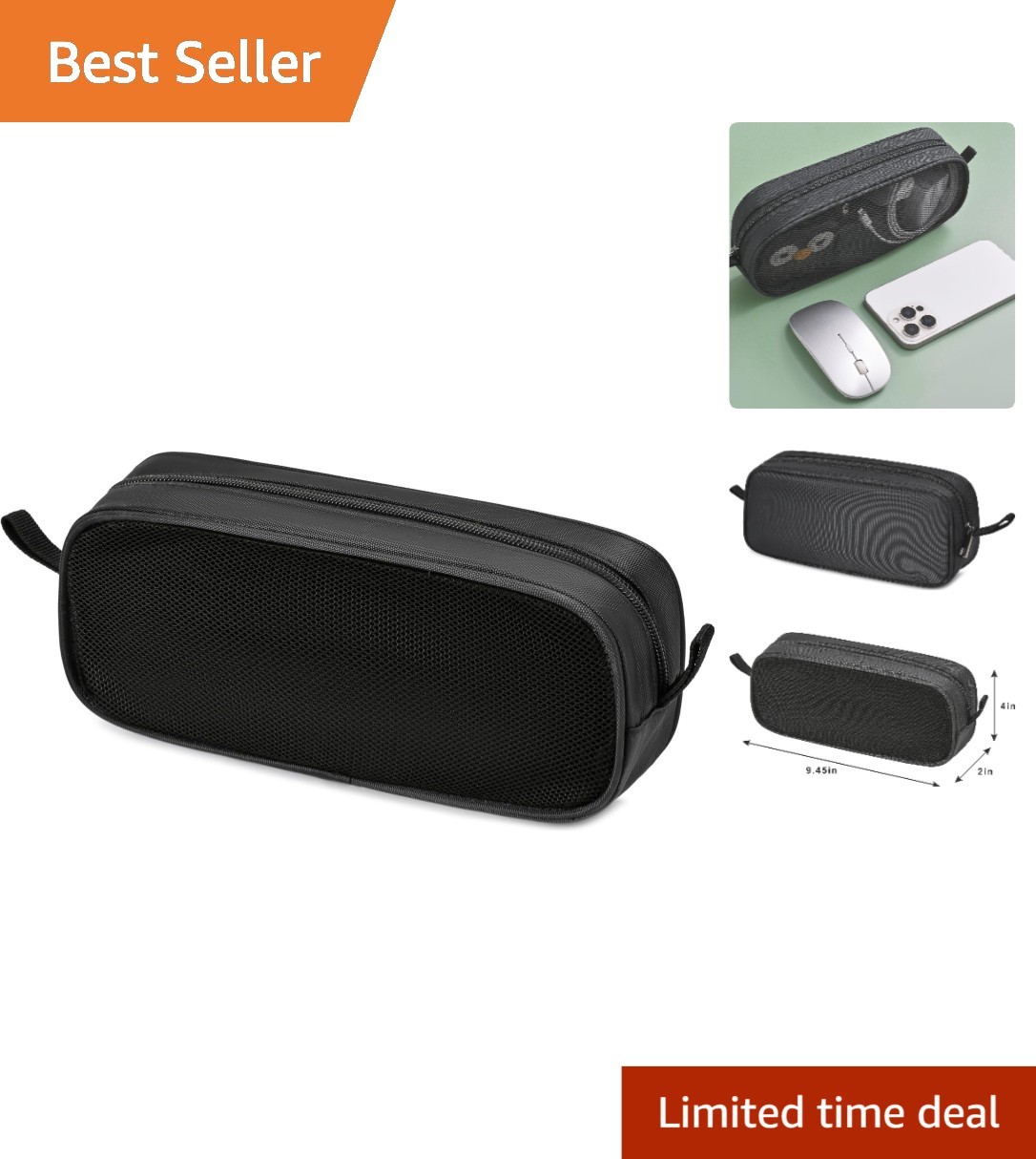Elegant Black Electronics Organizer Bag with See-Through Zippered Compartment