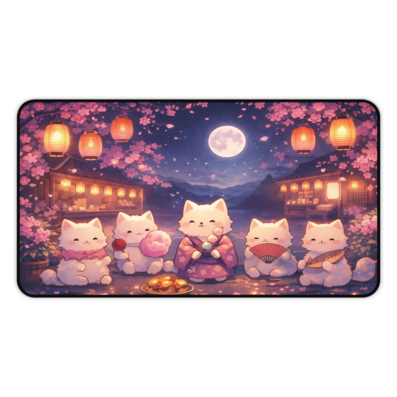 Kawaii Sakura Festival Cats Desk Mat, Large Mouse Pad Cherry Blossom Night
