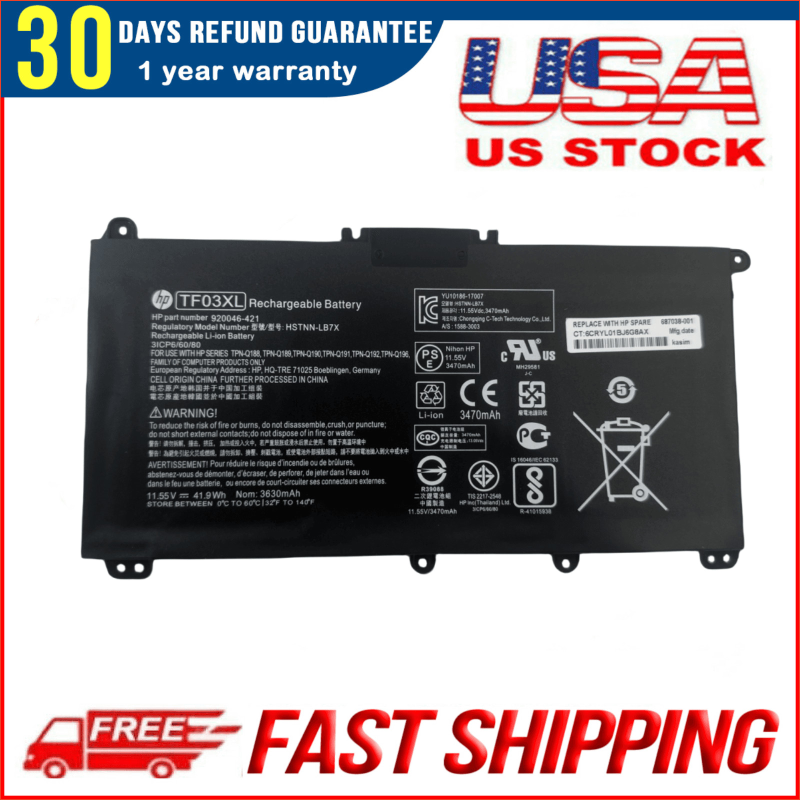 Genuine TF03XL Battery For HP Pavilion 15-CC 15-CD 17-AR HSTNN-LB7L 920070-855