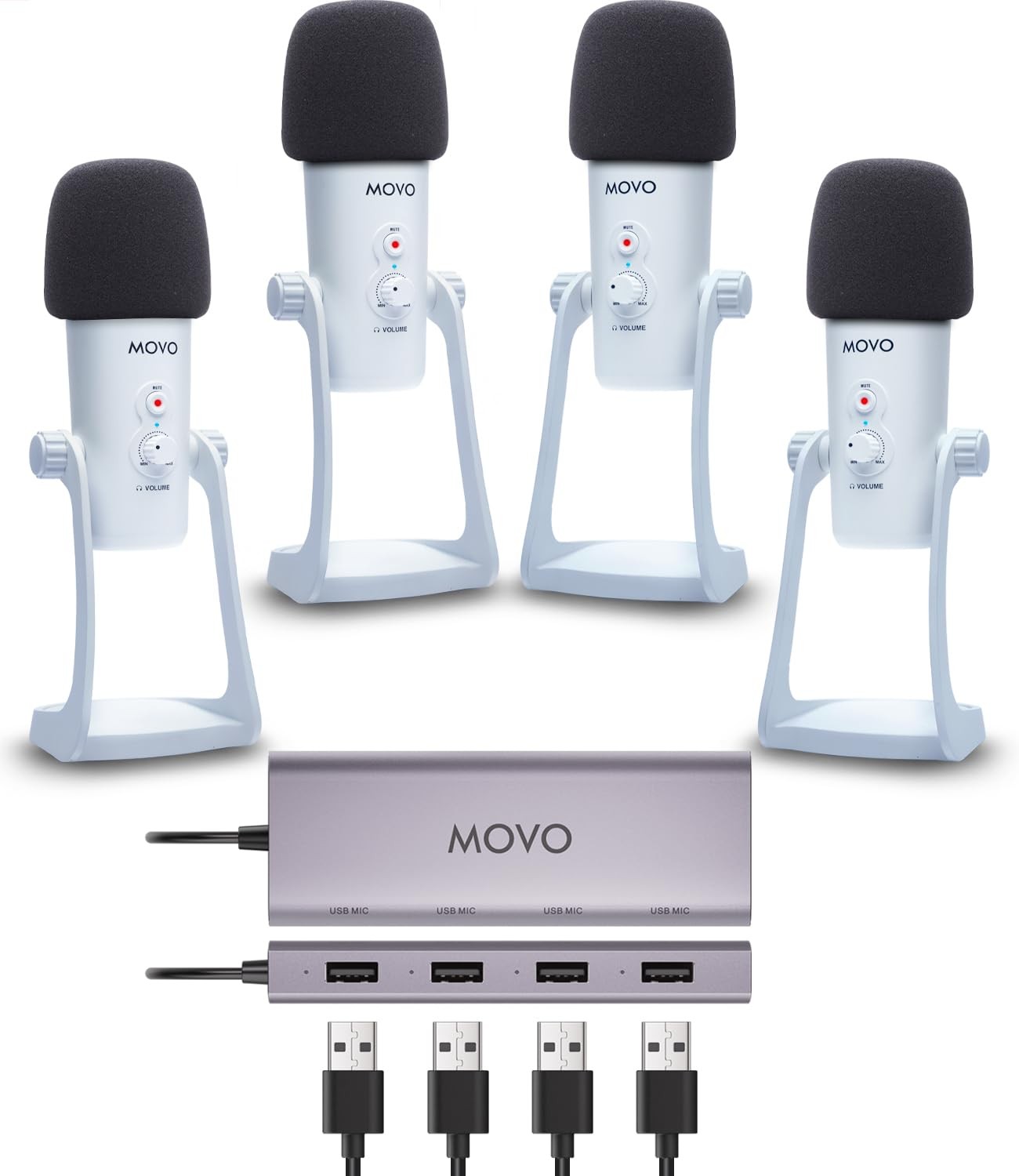 Movo USB Podcast Equipment Bundle for 4 – USB Interface with 4 UM700 Condenser