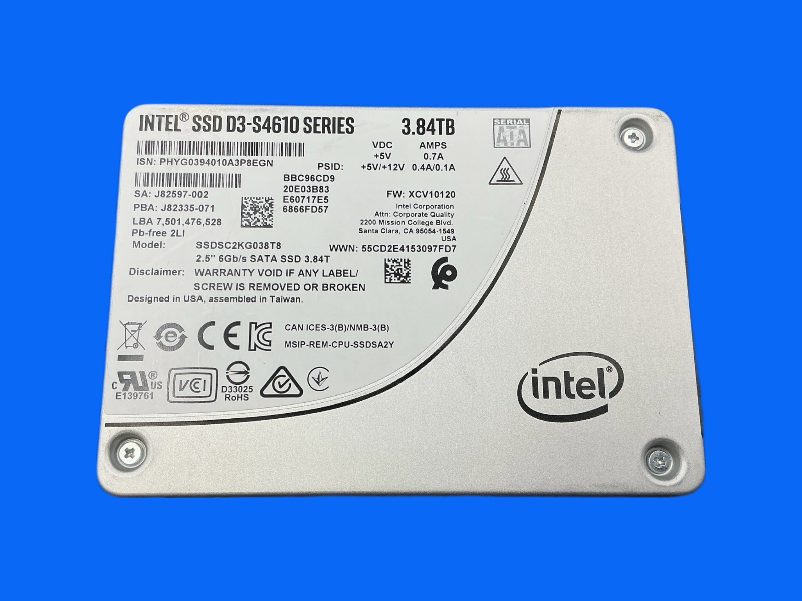 Intel D3-S4610 SSDSC2KG038T8 3.84TB 2.5" SATA 6Gb/s Enterprise SSD
