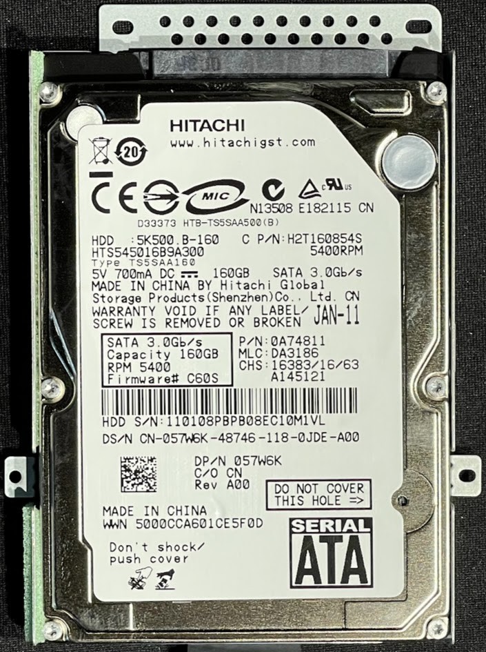 Hitachi 160GB 2.5" 5400RPM SATA Laptop Drive /  HTS545016B9A300 / 57W6K / Y812D