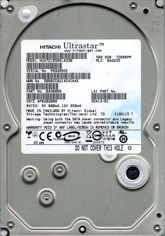 Hitachi HUA721050KLA330 P/N: 0A36000 MLC: BA2635 500GB