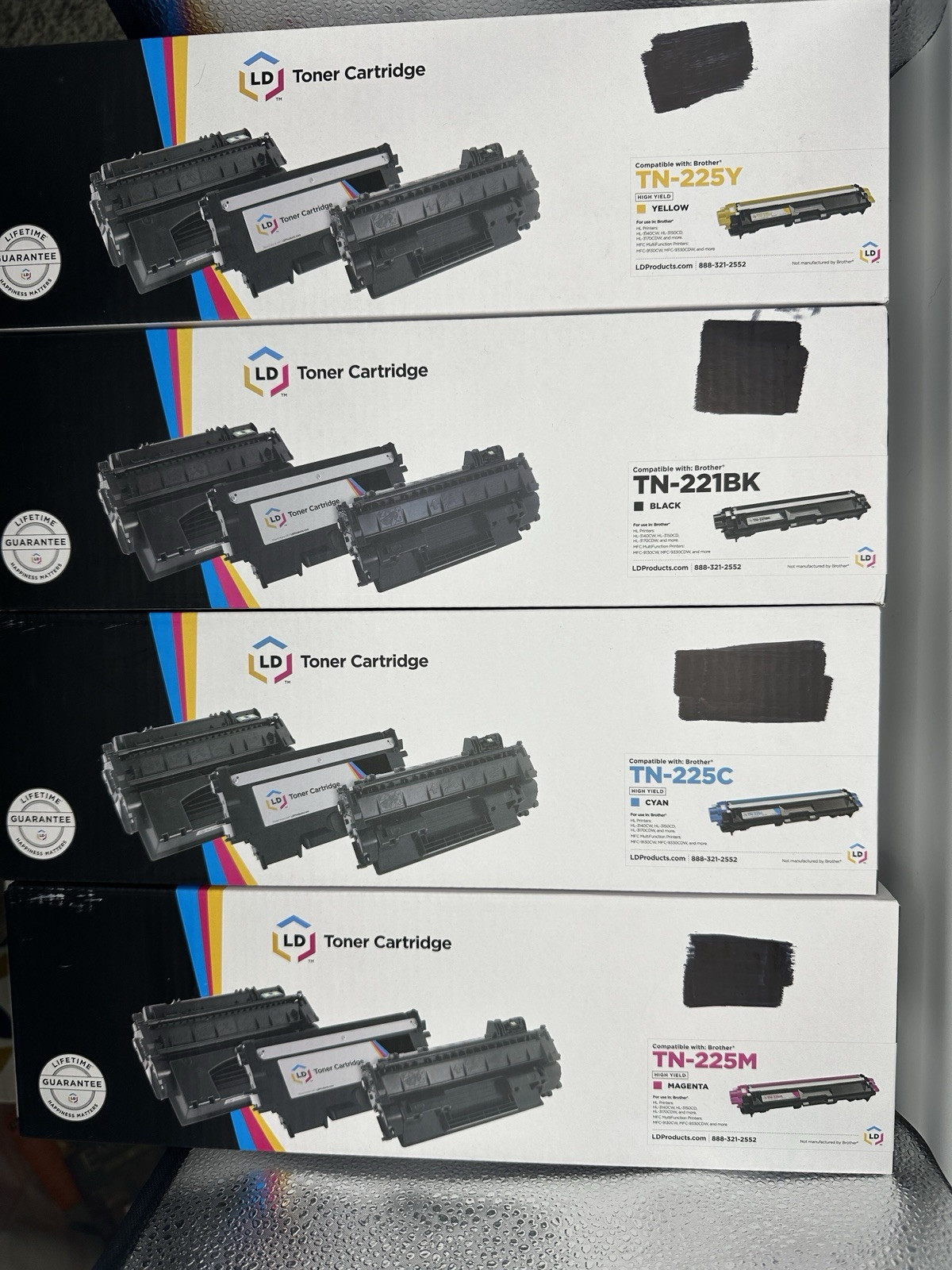 Lot Of 4 New LD Toner Cartridge YLW/CYAN/MAG/BLK Brother Printers TB-225