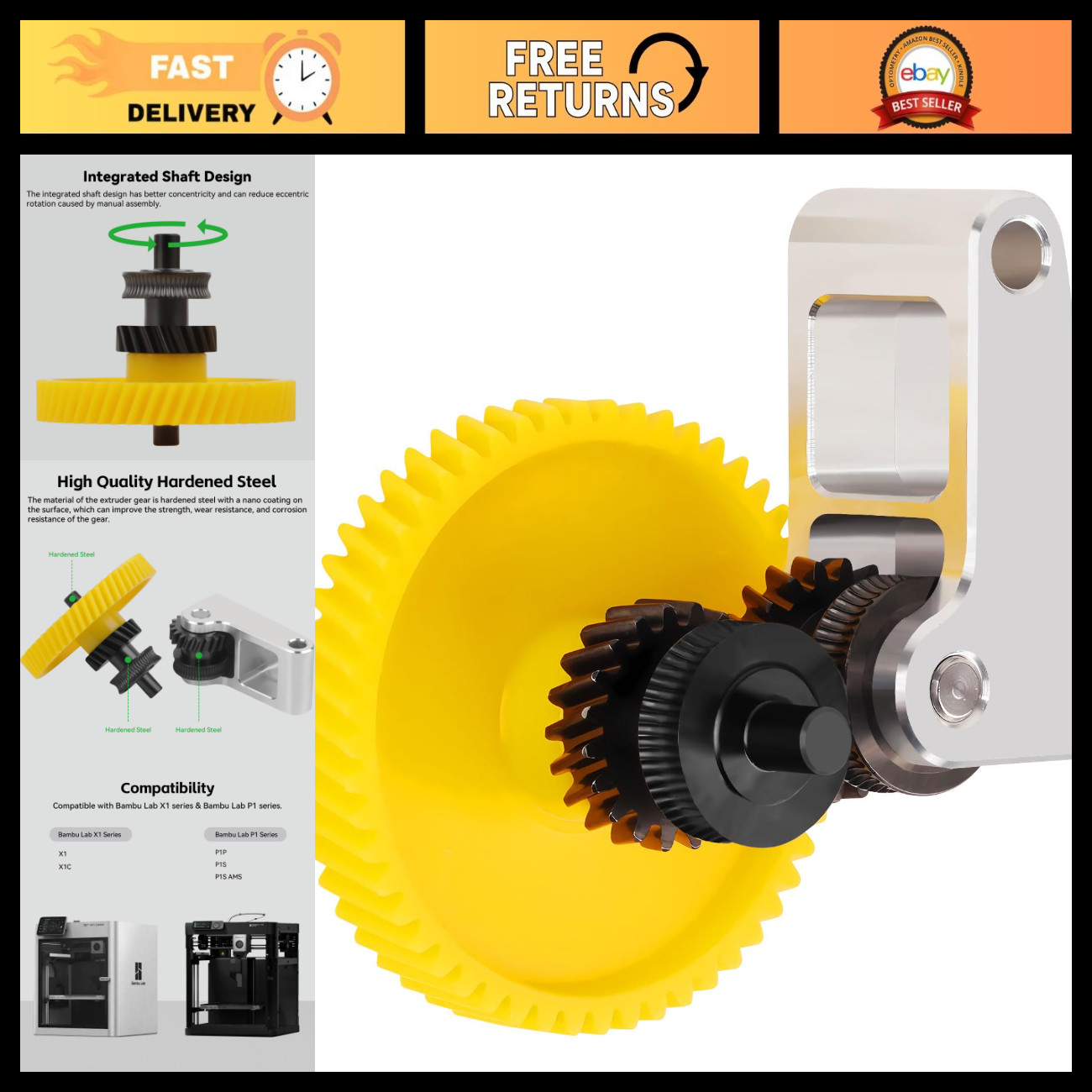 Upgrade P1S Hardened Steel Extruder Gear for 3D Printers, High Flow Durable Perf