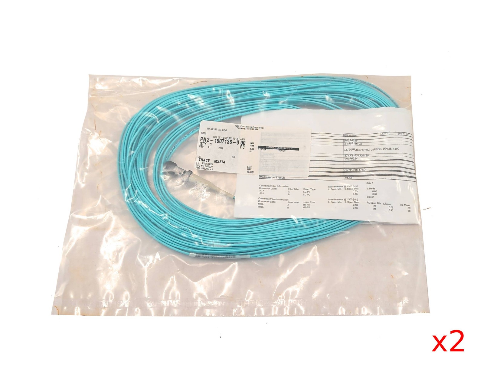 Lot of 2 LC Duplex to MTRJ Fiber Patch Cable 50/125 OM3 20M Tyco PN2-1907136-0