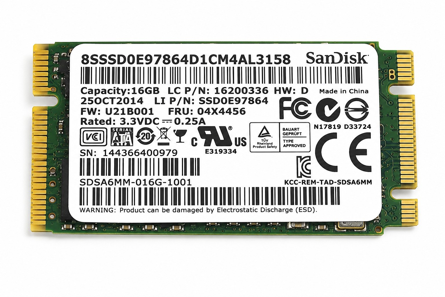 SanDisk 16GB mSATA SSD SDSA6MM-016G-1001 Lenovo FRU 04X4456 Solid State Drive
