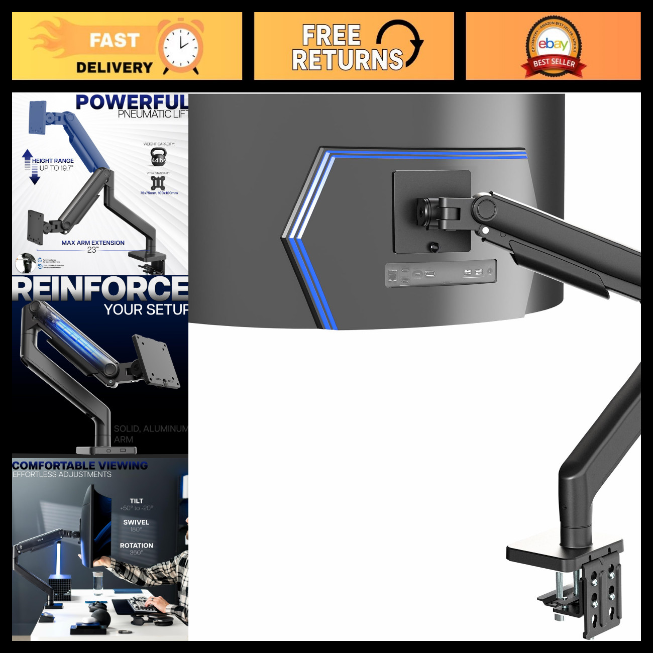 Heavy Duty Ultrawide Monitor Arm for 49" Screens, Holds 44 lbs, Desk Mount Stand