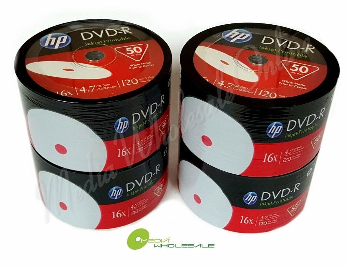 200 HP Blank16X DVD-R DVDR White Inkjet Hub Printable 4.7GB Media Disc 4x50pk 