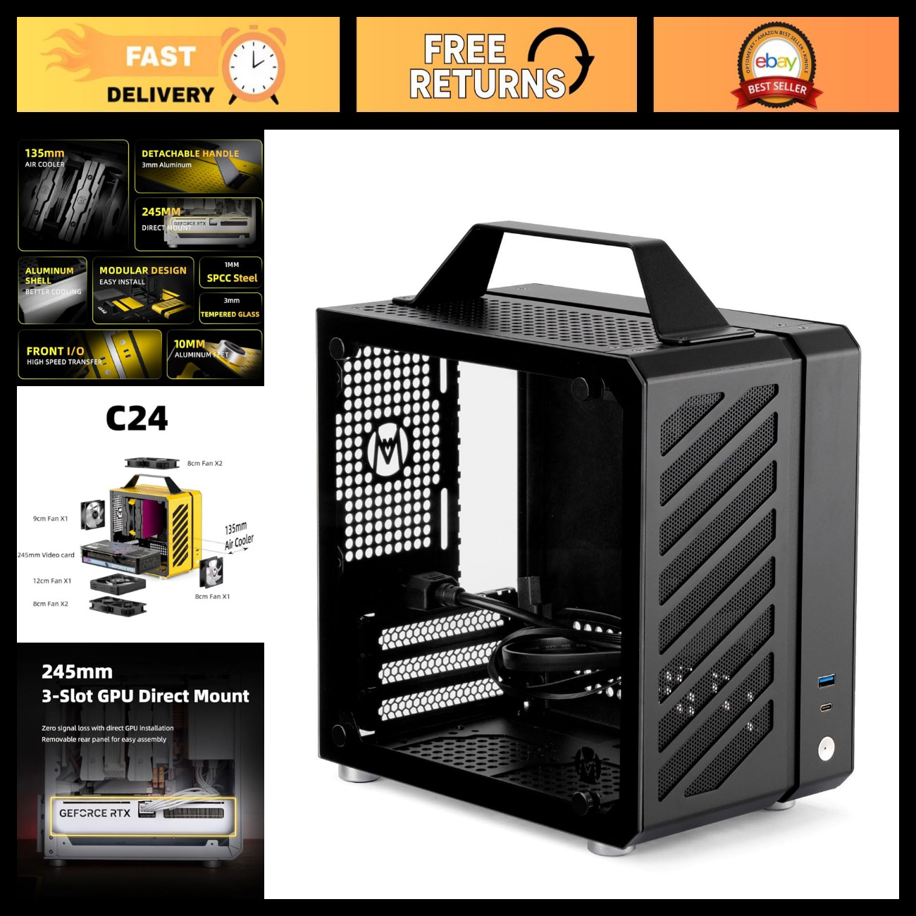 Compact Mini ITX PC Case with Handle - Sleek Black Design, Easy Access & Ventila
