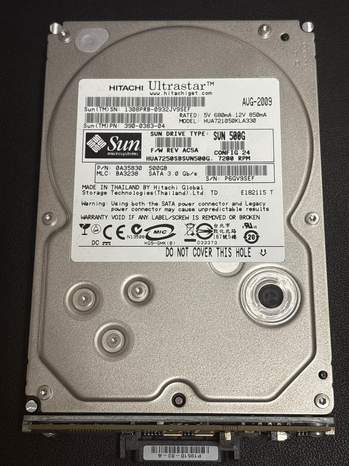 SUN 390-0383-04  HUA727250SBSUN500G  500B SATA DRIVE - 0A35830 - 7200RPM - 3Gbps