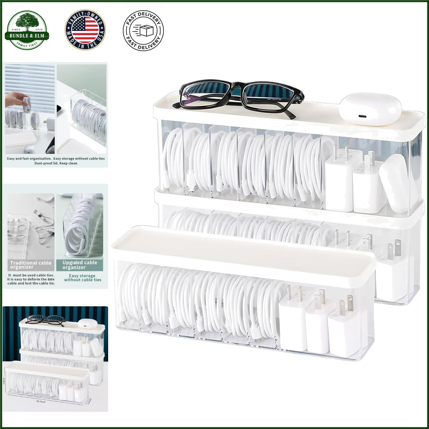 Cable Organizer Box with 6 Standard and 1 Larger Compartment for Accessories
