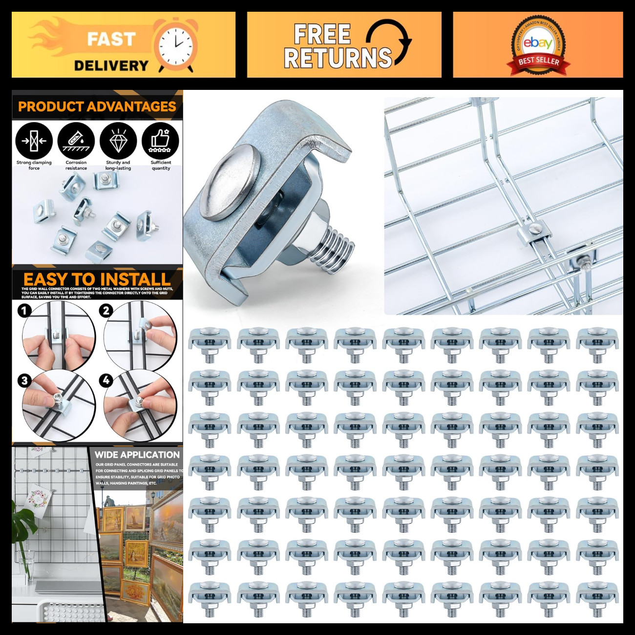 50 Pcs Wire Grid Wall Connectors, Cattle Panel Clips, Cable Tray Fasteners