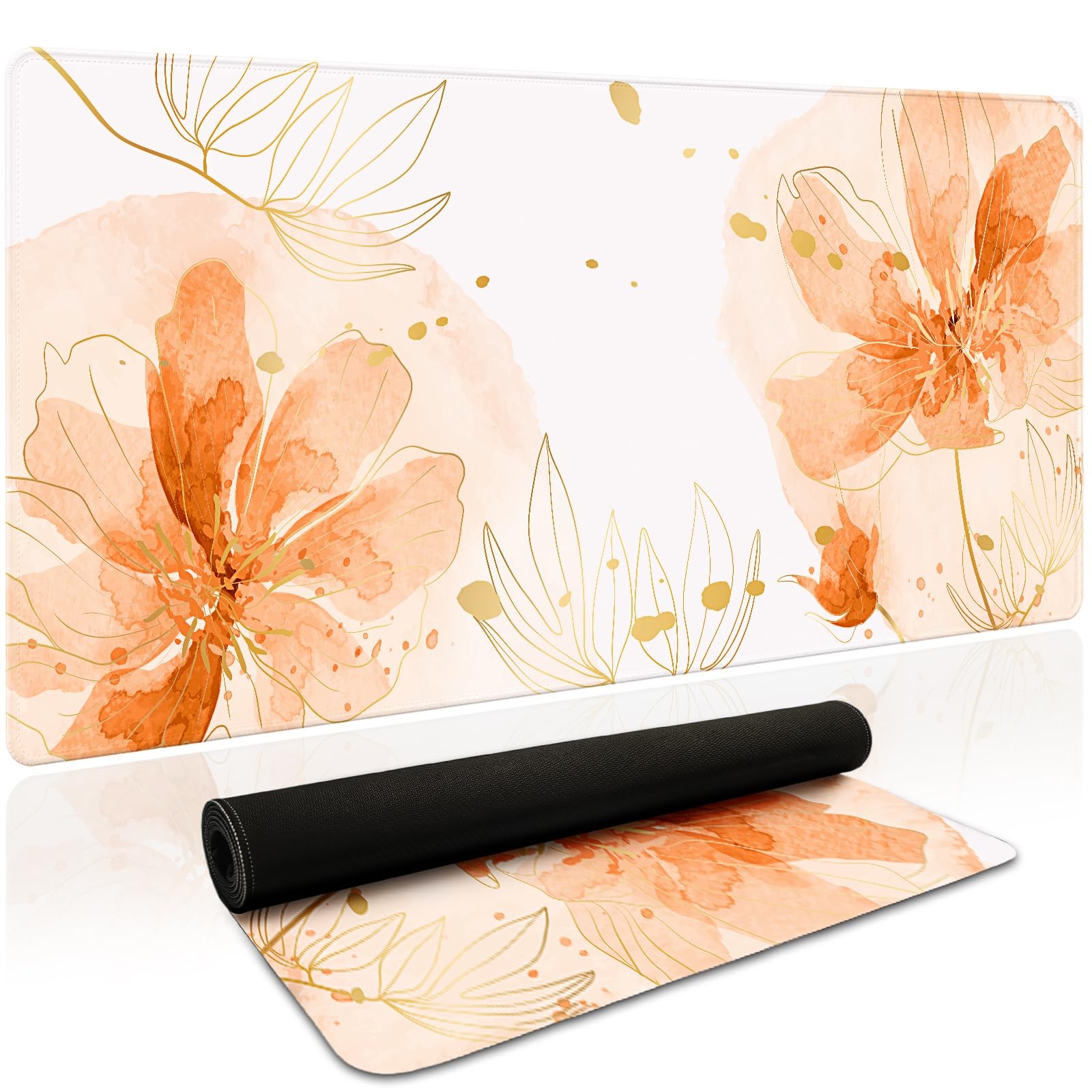 HUADO Desk Mat, Aesthetic Floral XXL Mouse Pad, 35.4 x 15.7 Inch, Orange | Wa...