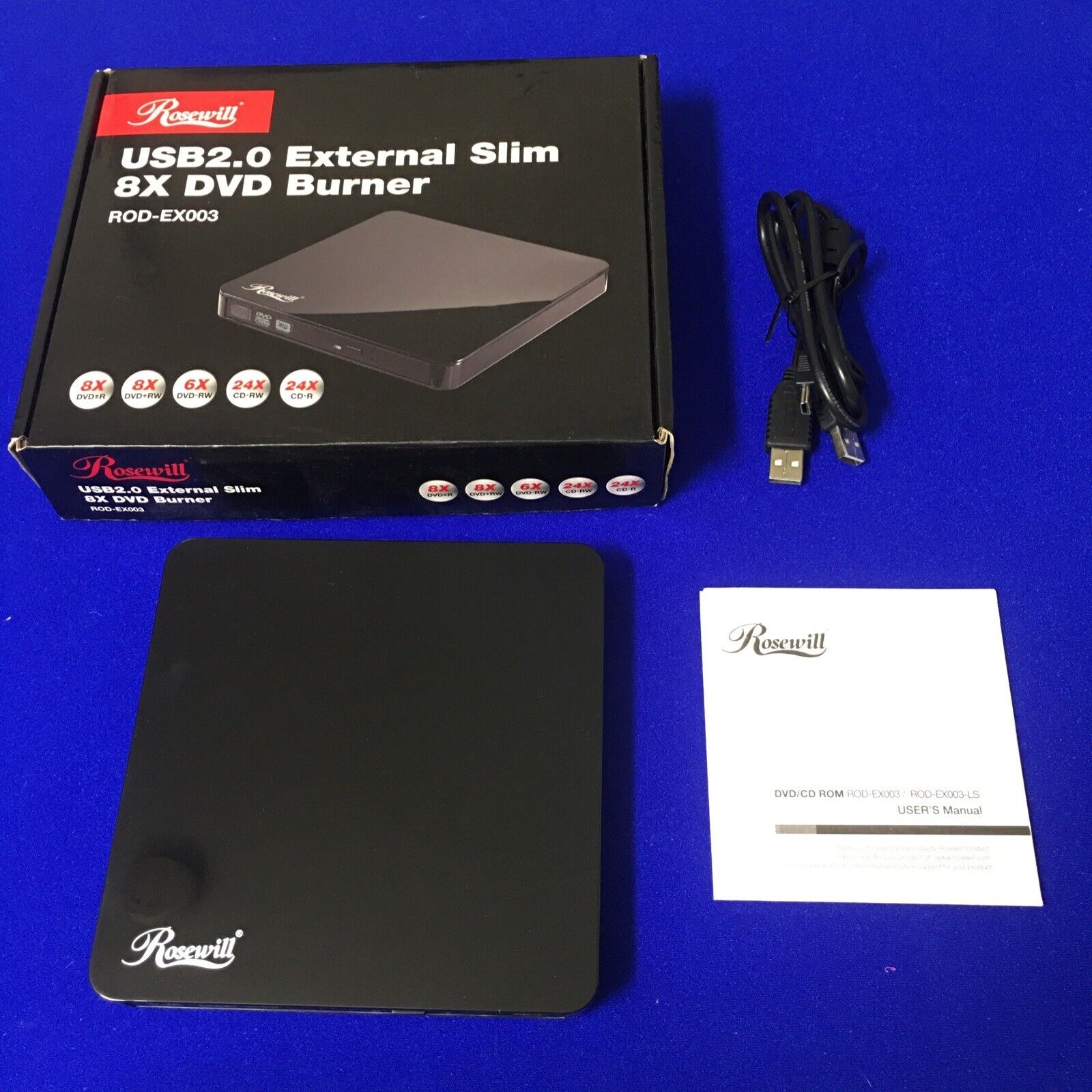 Rosewill ROD-EX003 Slim External USB 2.0 8x DVD + CD Burner w/ Original Box