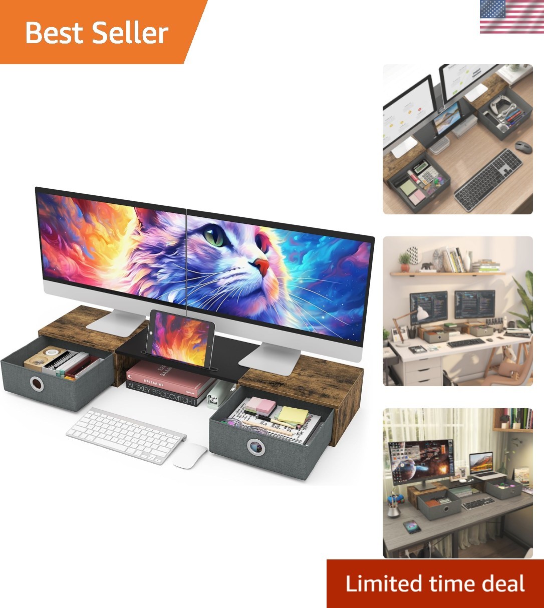 Dual Monitor Stand Riser with Two Drawers, Extra Large Storage for 2 Monitors...