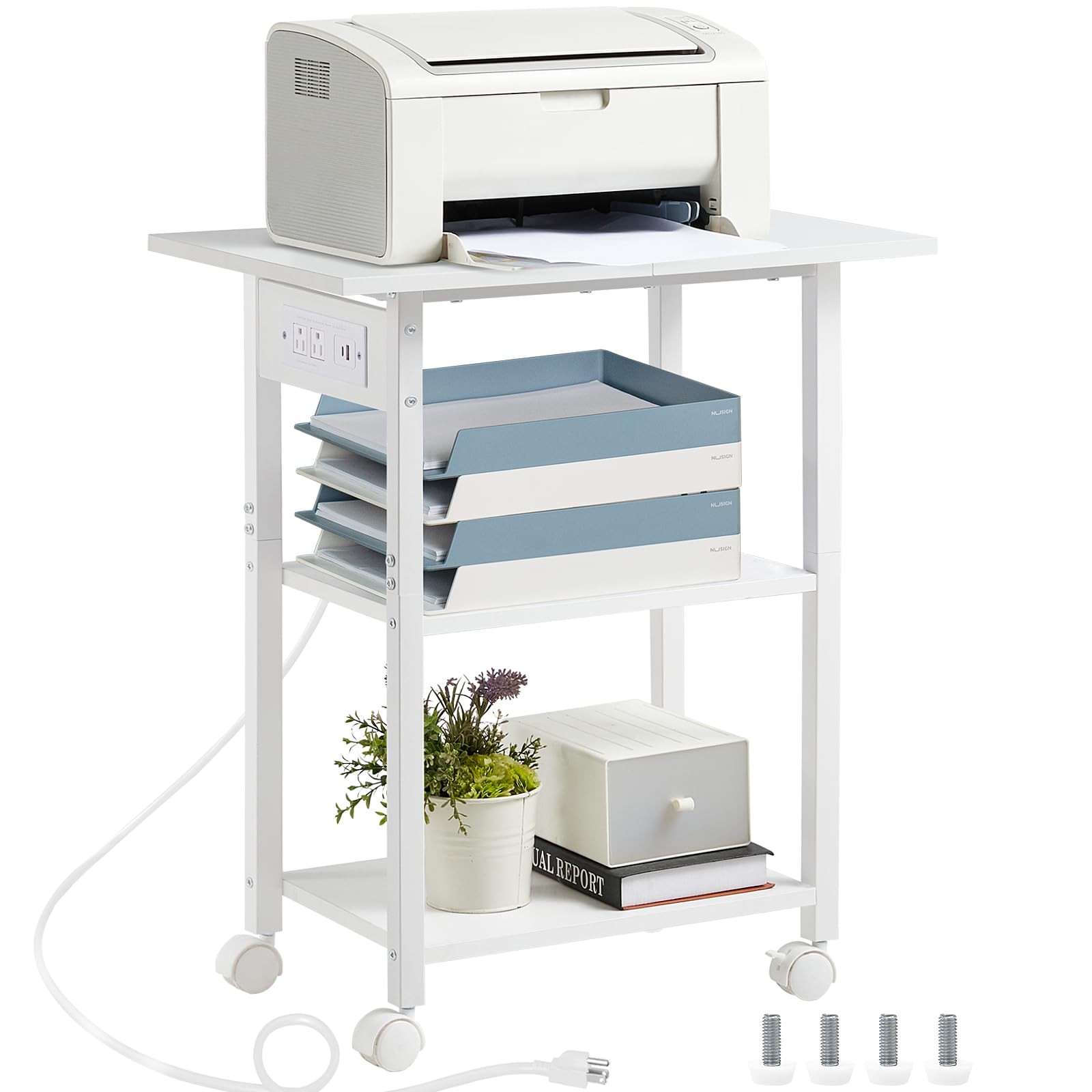 3-Tier Printer Stand with Charging Station, Rolling Printer Table