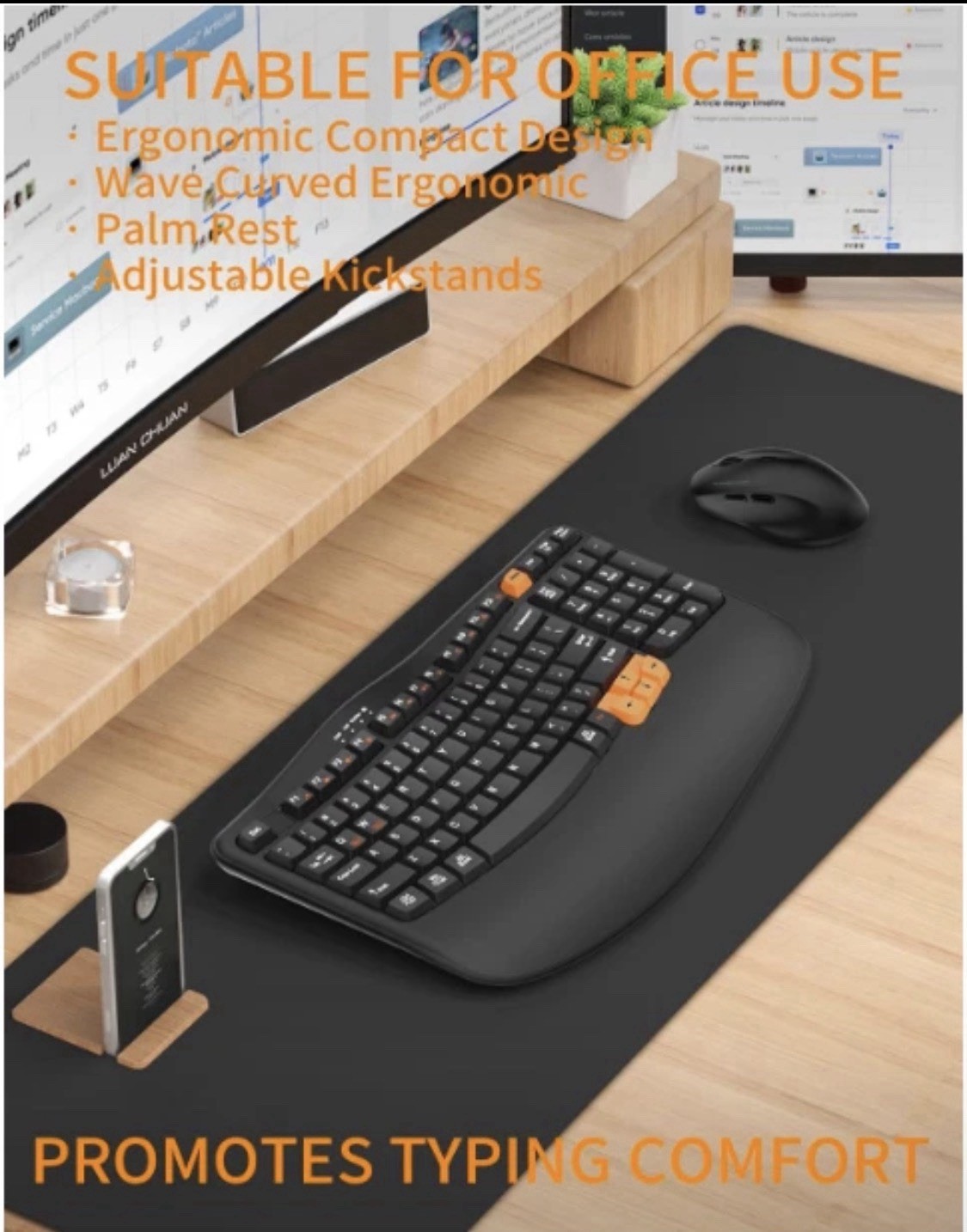 Ergonomic Wireless Keyboard with Wrist Rest, Wave Keys for Comfortable Natural T