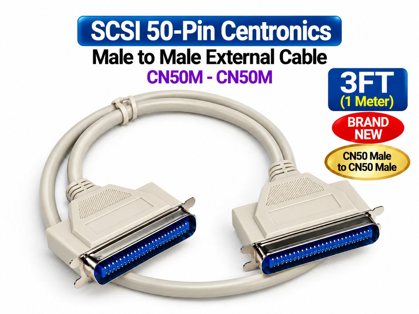 SCSI-1 50-Pin Centronics Male to Male CN50M-CN50M External Molded Cable 3FT