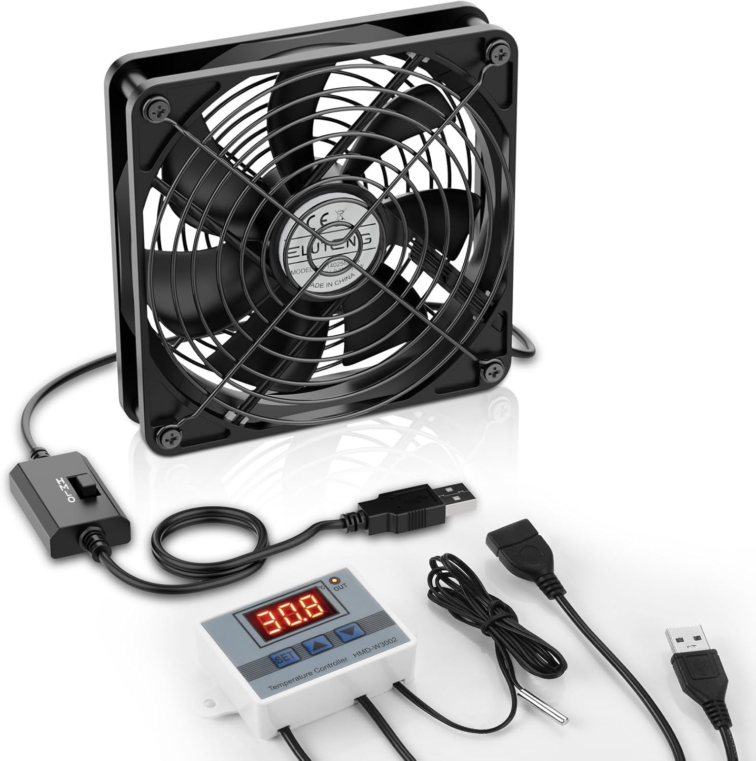 USB Fan 140Mm with Digital Temperature Controller, 5V USB Powered PC Computer Fa