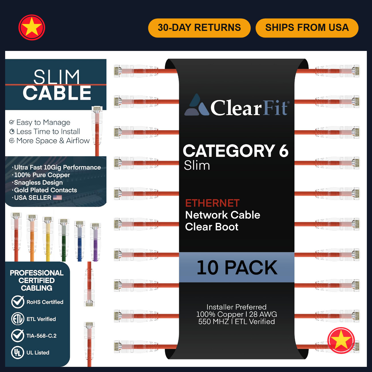 10-Pack Slim Cat6 Ethernet Cable 2ft Red 28AWG Network Patch Cord, High-Speed LA