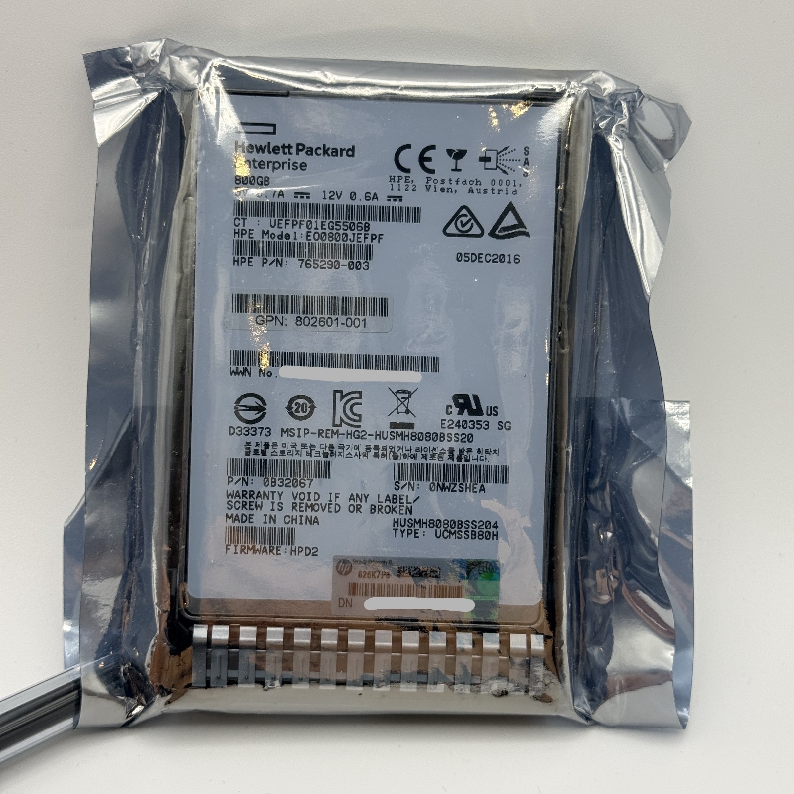 HPE 800GB SAS 12G WI SC SSD 2.5" Enterprise w/ Tray 765290-003 802601-001