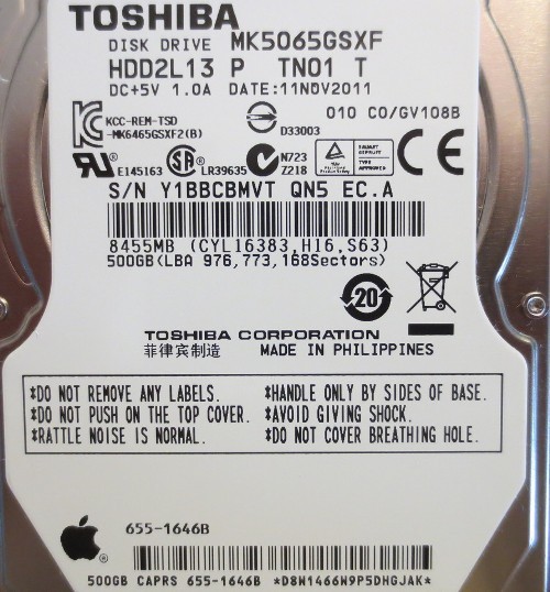 MK5065GSXF (HDD2L13 P TN01 T) 010 C0/GV108B 500gb Sata Laptop Drive