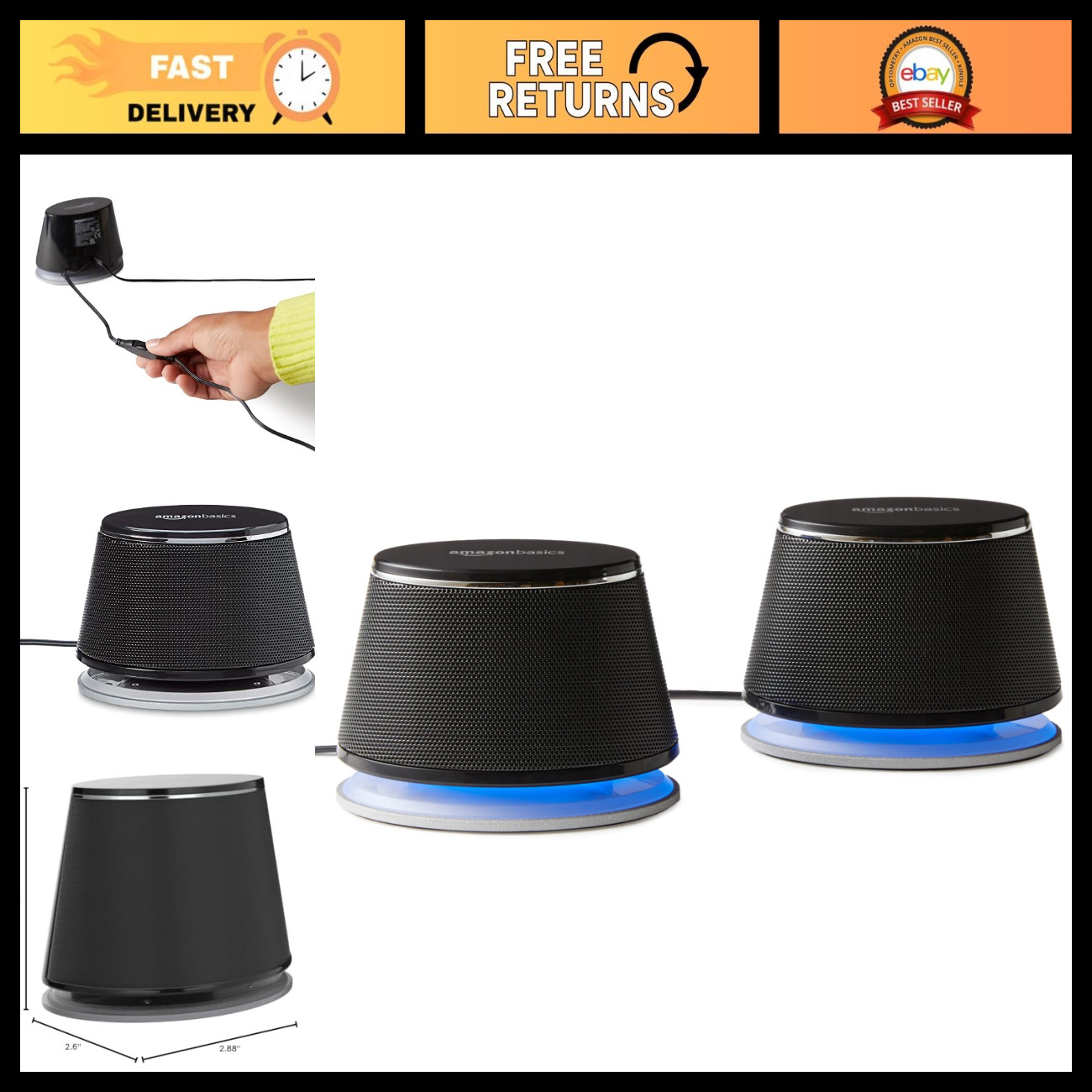 Stereo 2.0 Speakers for PC/Laptop - USB-Powered, Volume Control, 3.5mm Aux Input