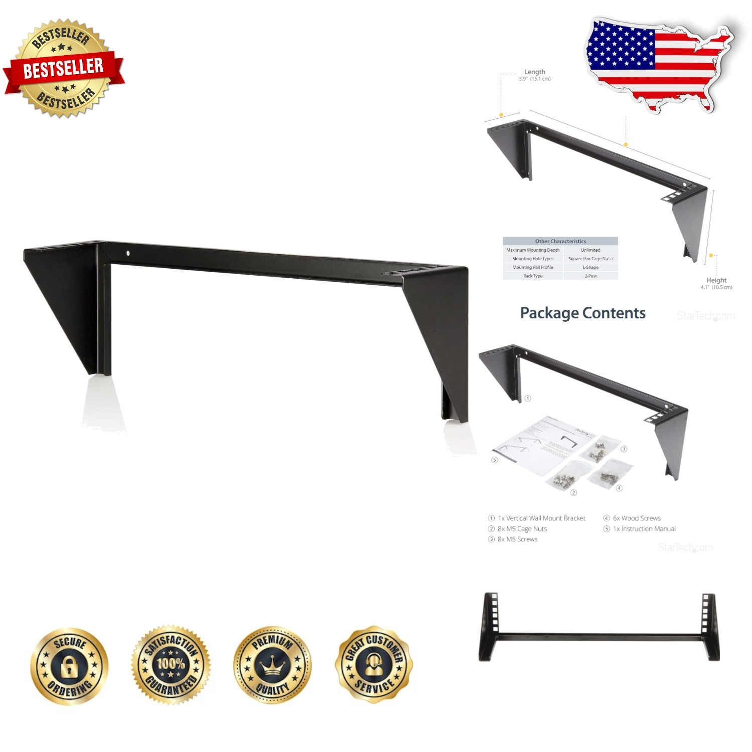 StarTech 2U Wall Mount Bracket 19in Vertical 125lb Steel TAA Ready