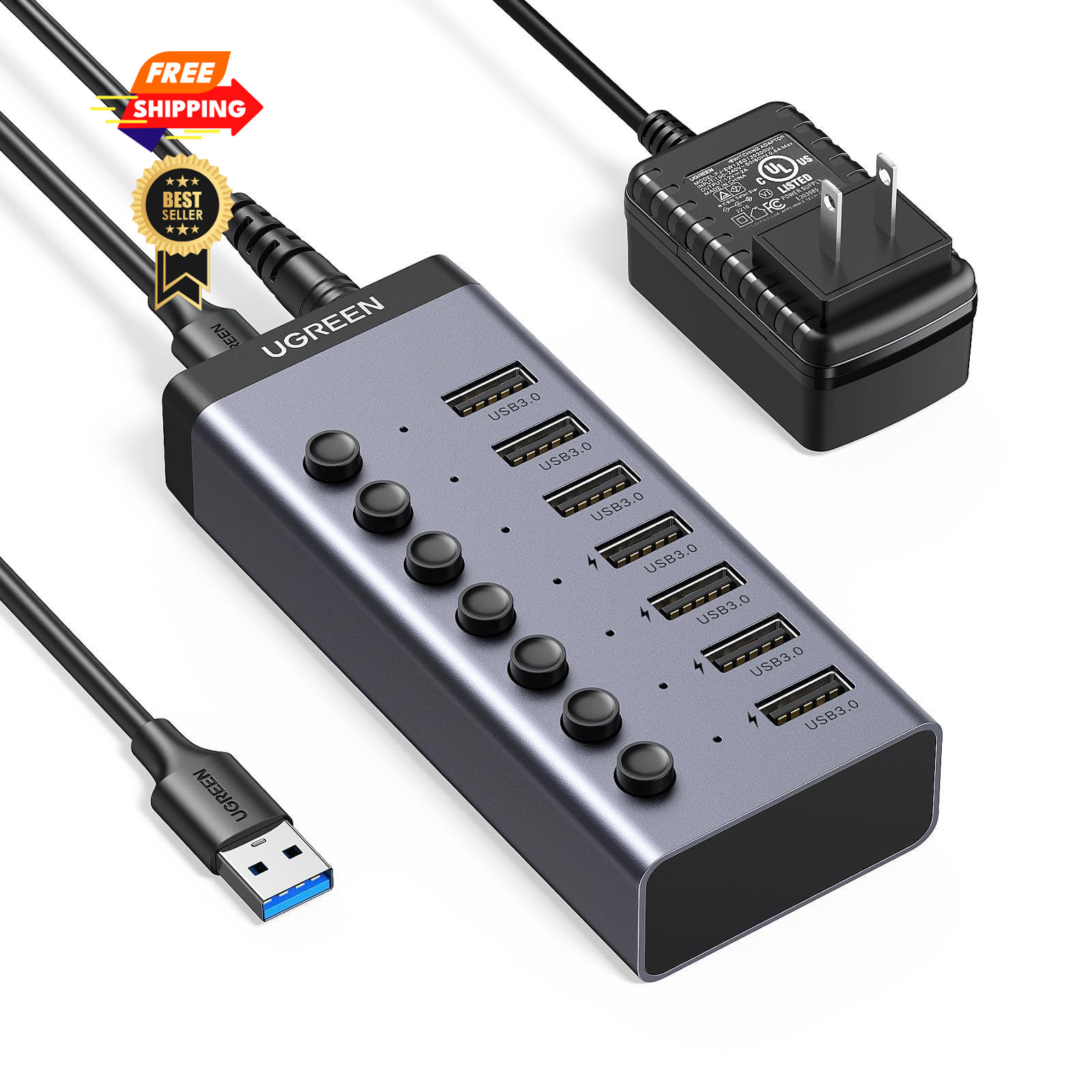 UGREEN Powered USB Hub 3.0, 7-Port Adapter with 4 Smart Charging Grey