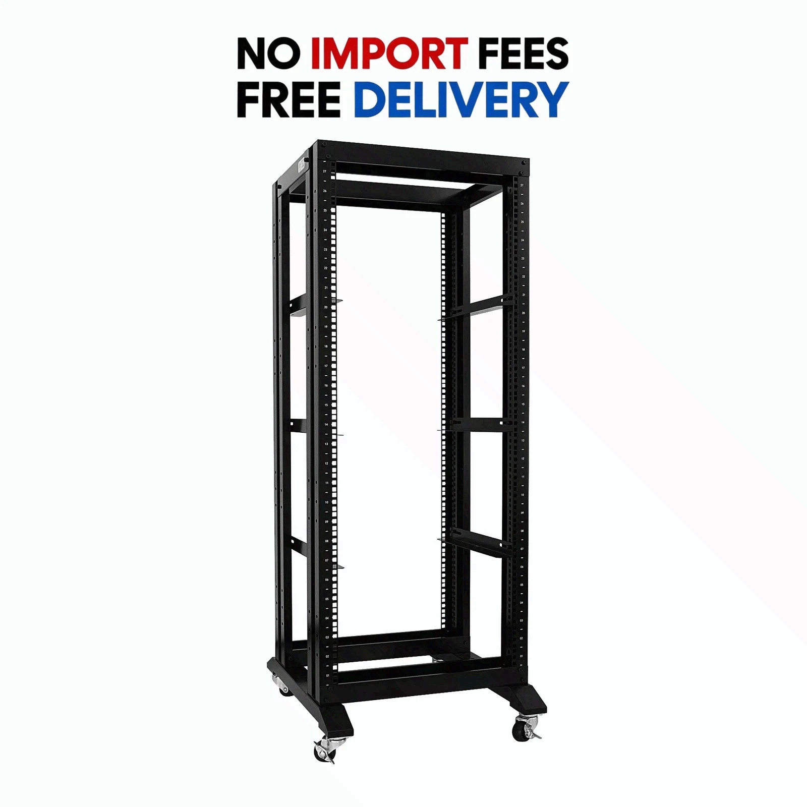 27U 4 Post Open Frame Server Rack 19” – 17” Deep Network Rack with 3 L Rails