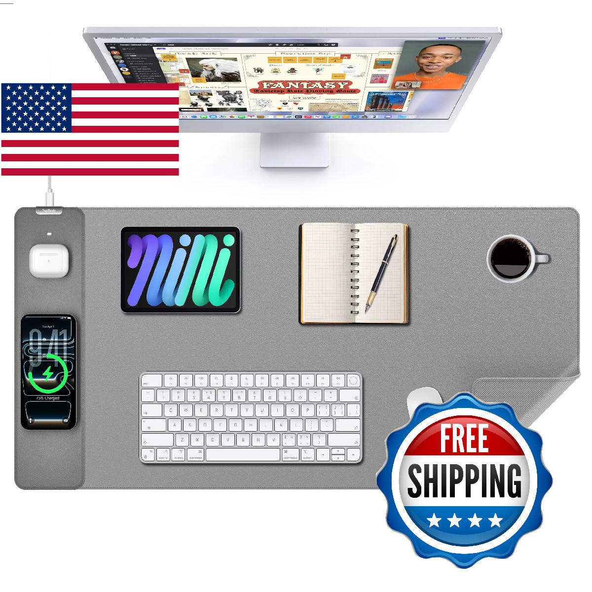 TopMade Mouse Pad with 15W Wireless Charging, XXL Large Leather Desk Mat, Waterp